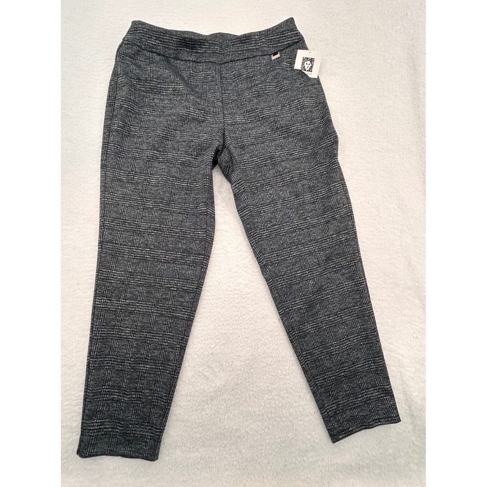 Anne Klein Womens 1X Glen Plaid Pull On Tapered Leg Trousers Black Grey White